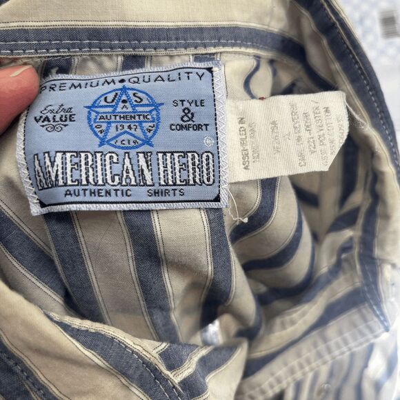 Vintage American Hero Shirt Mens L Blue Striped Western Pearl Snap X-Long Tails - Picture 5 of 5
